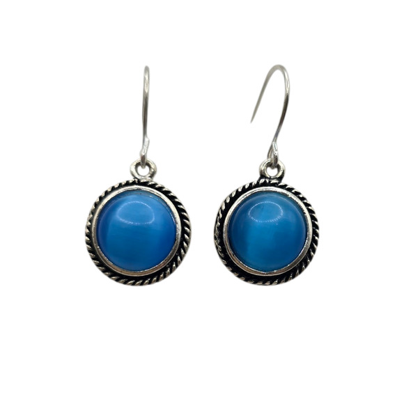 Pierced Earrings Blue Cat’s Eye Cabochon Round Rope Bezel Silver Tone Retro - Picture 1 of 10